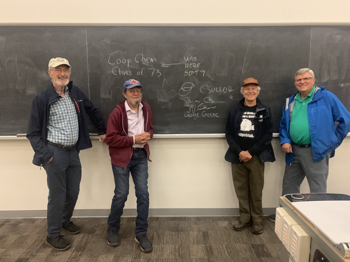 CorriganLab's tweet photo. It was great to host some of the @WaterlooChem #classof73! Interesting stories about their diverse careers post degree AND campus adventures from their time @UWaterloo ... a Mini in the dining hall?... croquet in front of the Faculty Club?...😂 https://t.co/6Wz7TpZ7D7