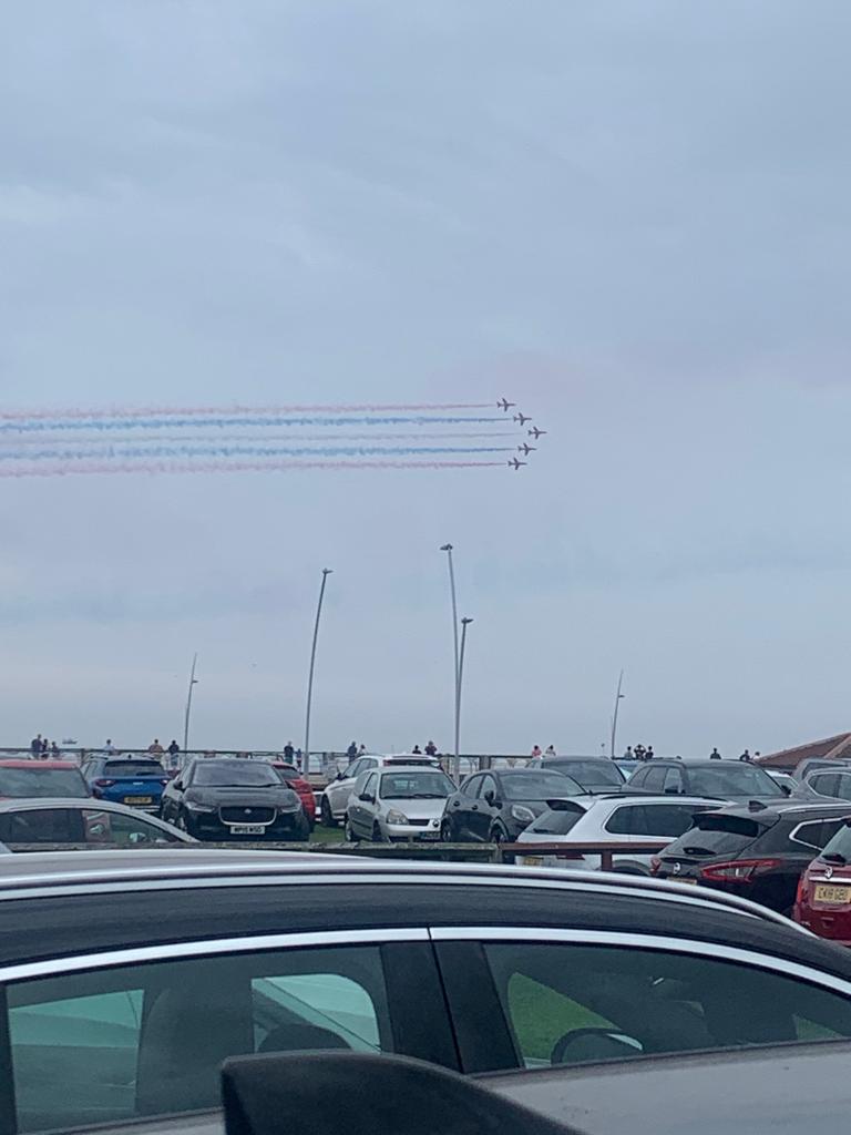 buck8979's tweet photo. So, awesome #GreatNorthRun  is over and we're on the road home.  Temps meant I didn't run anywhere near the pace I wanted but still ran to the end and survived!  Glad we were able to enjoy the @rafredarrows  before taking shelter from the rainstorms in the @PointSandwick minibus. https://t.co/YOcQj8ReE6