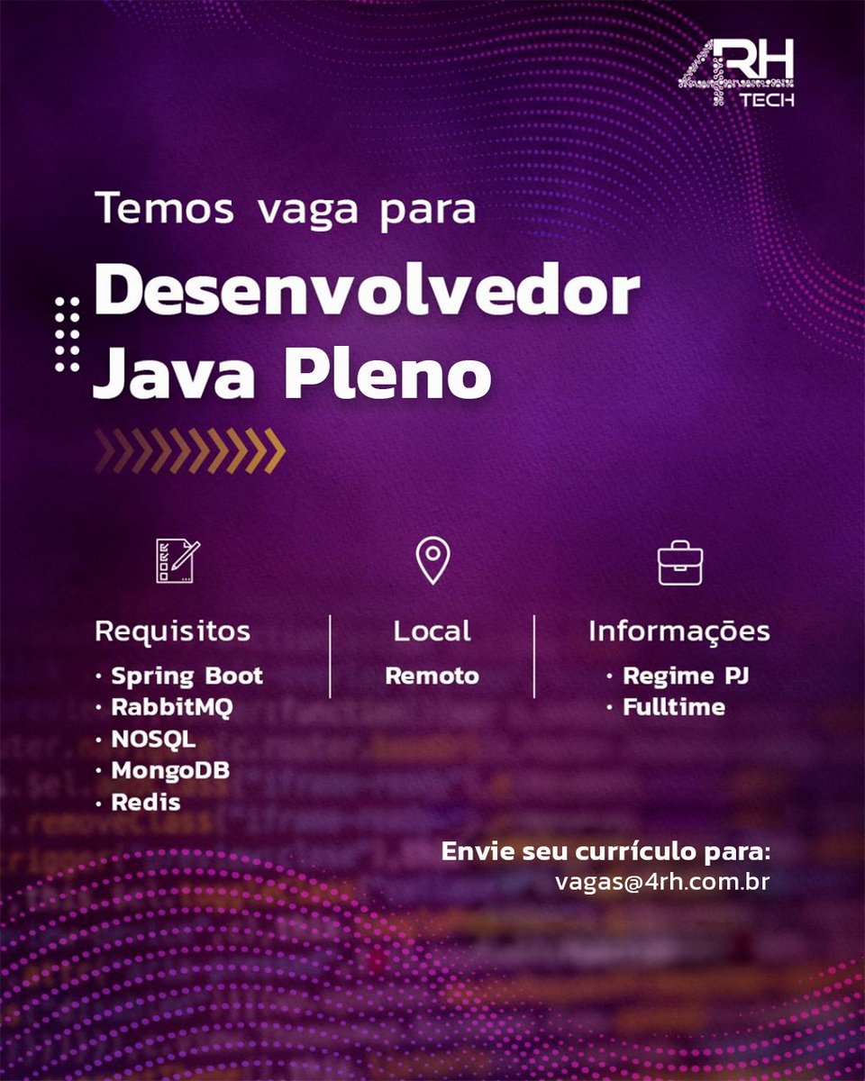 4RHTech's tweet photo. Bom dia galerinha! 💜

Ja viram as vagas que temos aqui na 4RH? 🚀
Vem fazer parte do time!

Gostou?  Se inscreva em nosso banco de currículos!
https://t.co/9fmkA2ob0M

#vagas #vagasti https://t.co/RRk35vH7t0