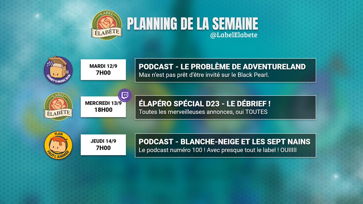 LabelElabete's tweet photo. Le planning de la SEMAIIIINE ! Rendez-vous sur Twitch dès mercredi 18h pour le grand débrief de la D23 !

Sinon demain matin c'est la @BoxDisney, et jeudi le @FautLANimer exceptionnel pour le centième numéro ! DÉJÀ.

Très bonne semaine à toutes et tous 🥰 https://t.co/oBCry6xiEC