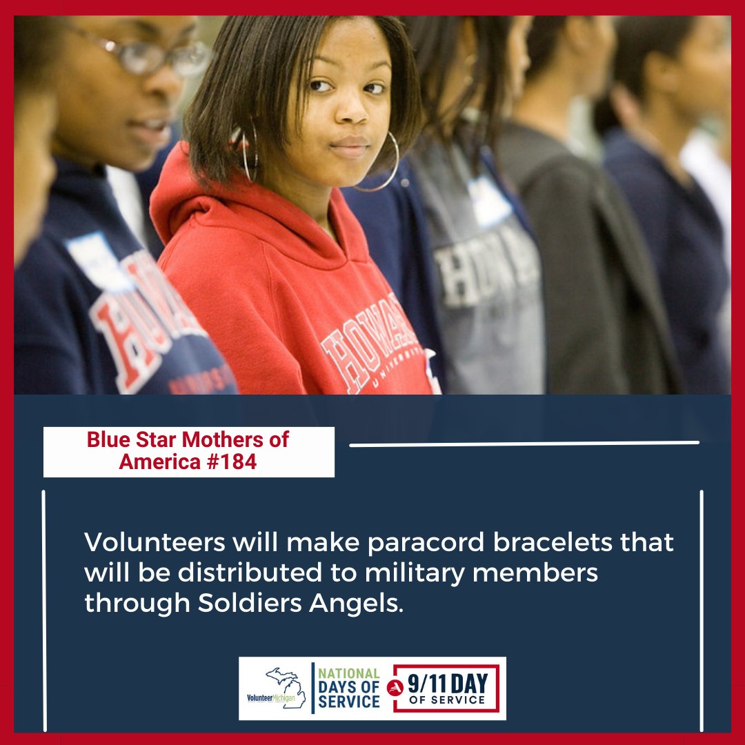 MCSConline's tweet photo. Blue Star Mothers of America is hosting a #911Day event today and Sept. 19. Volunteers will make paracord bracelets that will be distributed to military members through Soldiers Angels. #VolunteerMI

To learn more about upcoming volunteer events, visit https://t.co/XILDAoKMwt. https://t.co/UZFhV2dCiN
