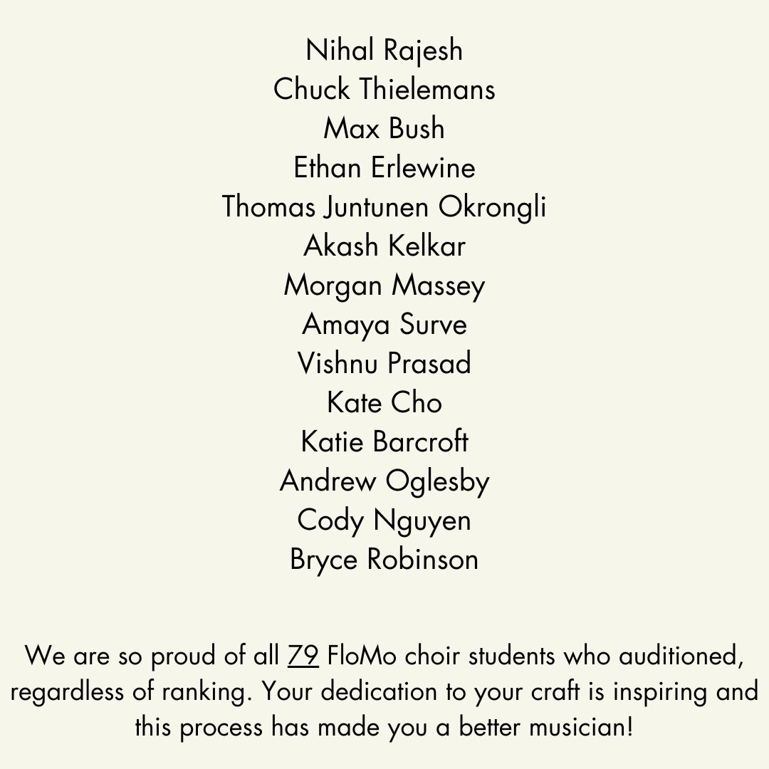 This Saturday was Phase 1 of the TMEA All-State Auditions and FloMo took 79 SINGERS!! It was a great day of music making and we are so proud of everyone who auditioned, refused less of score! These singers below will be advancing to the Region Round of auditions in October.