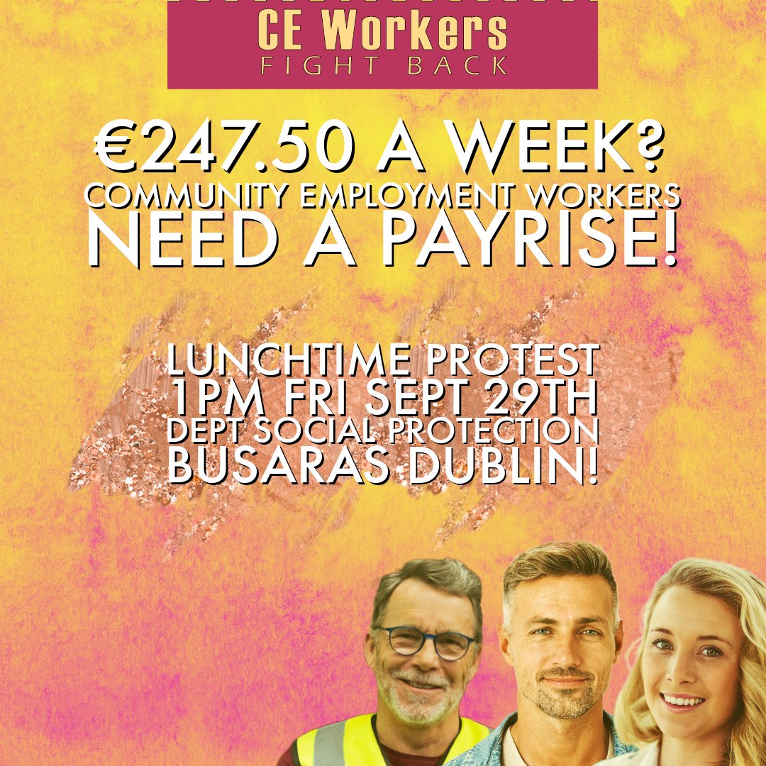 CEfightback's tweet photo. Community Employment workers often do the same work as full time community workers but we are not covered by pay talks. 

We are paid by Dept of Social Protection. Our voices need to be heard. We need a payrise. Protest 1pm Fri Sept 29th Dept Social Protection Busaras Dublin. https://t.co/6gNrB91jNV