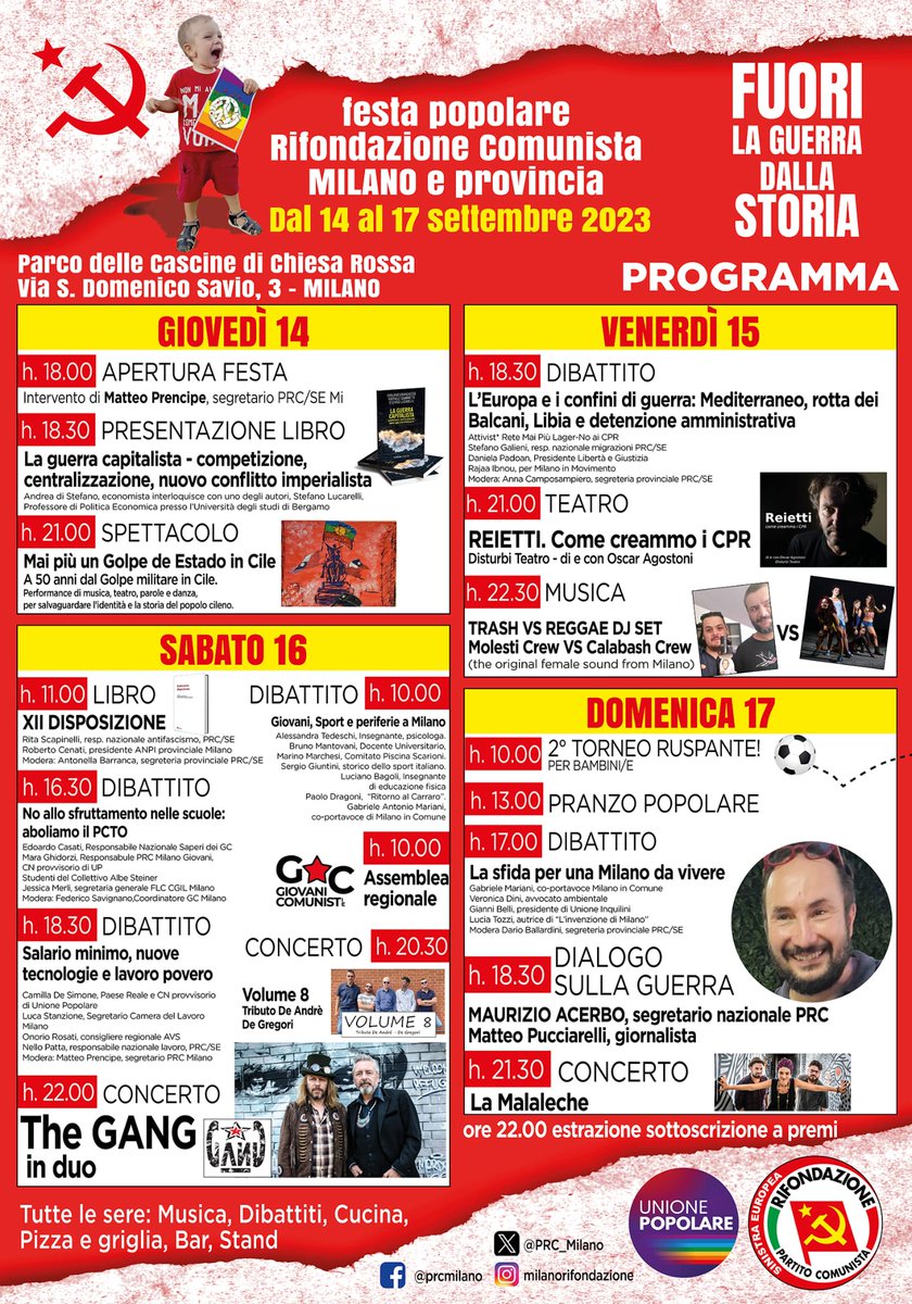 Ci siamo!!! Il programma della Festa Popolare di Rifondazione a #Milano. Dal 14 al 17 settembre 🎊🎉🎊🎉🎊