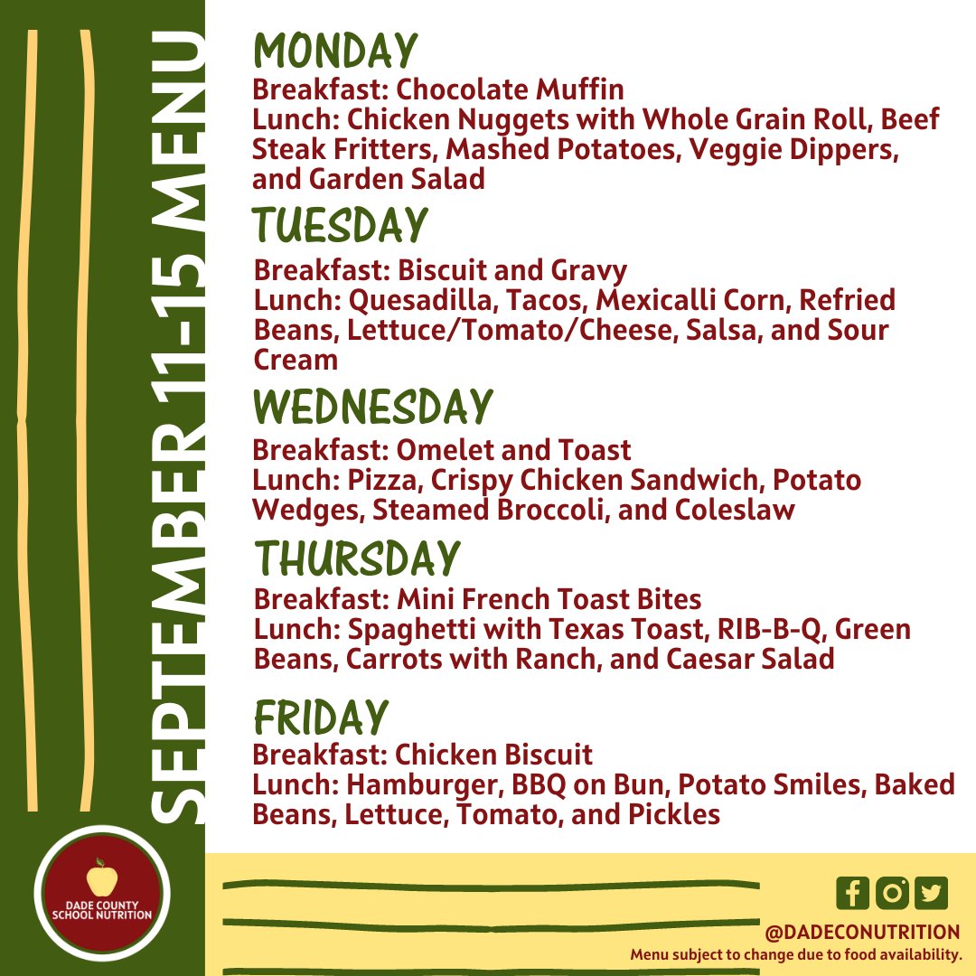 dadeconutrition's tweet photo. Calling all Dade families: #SchoolMeals are the smart choice! Quality nutrition without breaking the bank. 💰 Please see our complete menu on our website: https://t.co/14hb0qLKRx *Menus are subject to change due to supply chain issues. Thank you for your patience! https://t.co/AP31aGSwQX