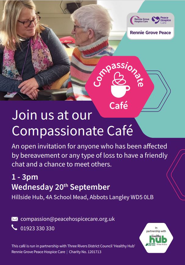 Join us at our Compassionate Cafe in Abbots Langley

This is an opportunity for those who have suffered from bereavement or a diagnosis to come together over a cup of tea or coffee.  ow.ly/ehOY50PIEgp #ThreeRivers <a href="/peacehospice/">Peace Hospice Care</a> #Support