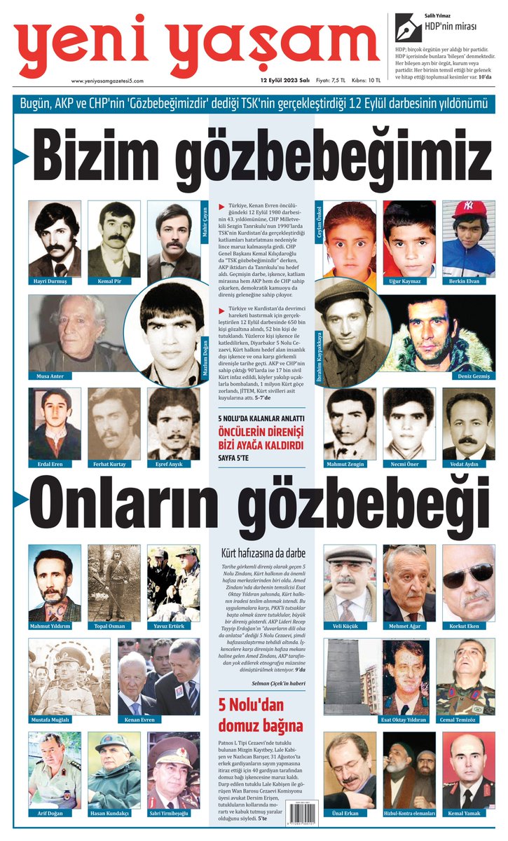 yeniyasamgazete's tweet photo. ▪️Bugün, AKP ve CHP'nin 'Gözbebeğimizdir' dediği TSK'nin gerçekleştirdiği 12 Eylül darbesinin yıldönümü

'Bizim gözbebeğimiz

Onların gözbebeği' manşetiyle yarın bayilerdeyiz https://t.co/EbYPWAttkW