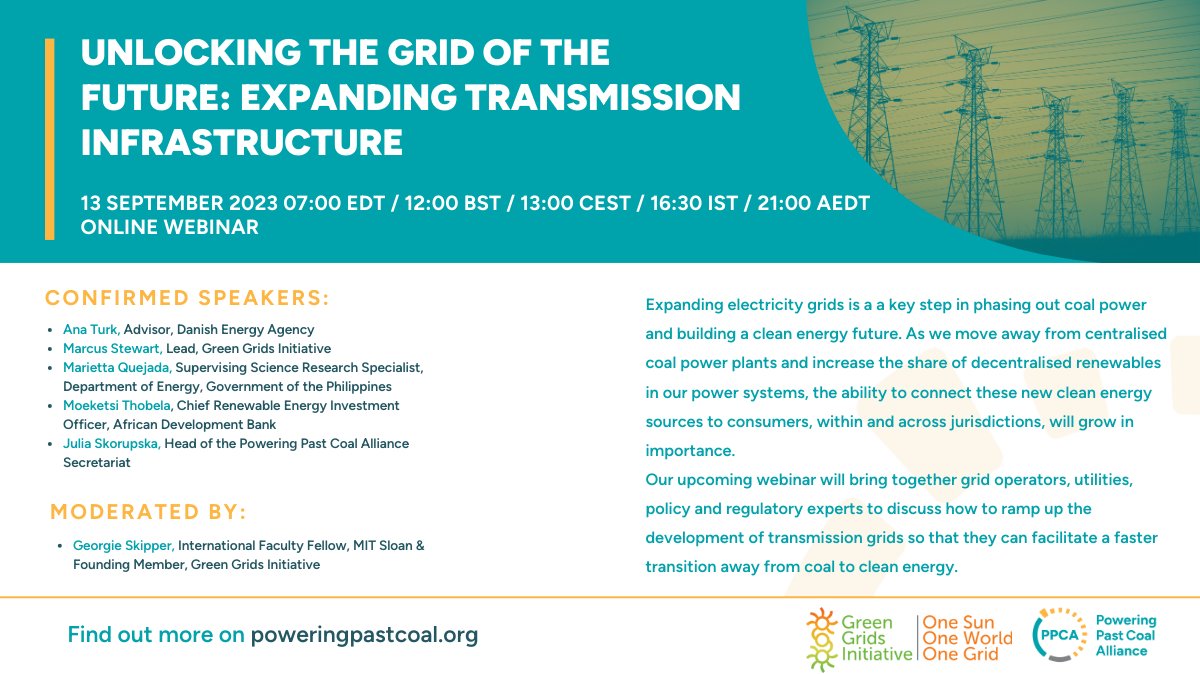 Join the @PastCoal and @GreenGrids webinar on Wednesday 12:00 BST! The team has pulled together an amazing line up of speakers to talk about the world-leading projects in #coaltoclean grid transmission & interconnection🎙️✨

Join the discussion 👉 zoom.us/webinar/regist…