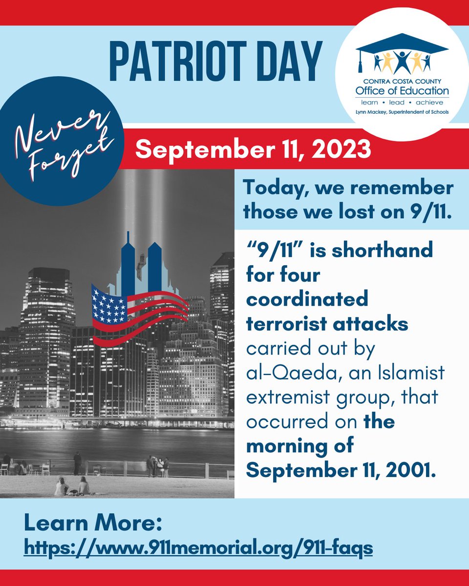CoCoSchools's tweet image. Today, we remember those we lost on September 11, 2001. #NeverForget the heroes who risked their lives to save others. #Neverforget the heroes that attacked the cockpit and fought back. #Neverforget those that didn't come home to their families. #911
911memorial.org/911-faqs