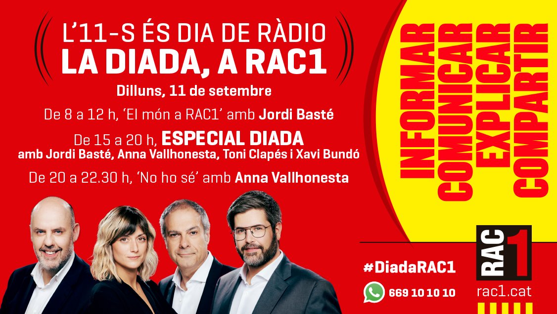 rac1's tweet photo. 🗣️ Comença l'ESPECIAL DIADA  a RAC1 

👉🏼 Segueix el minut a minut de la Diada a RAC1 amb @jordibaste, @annavallho, @toniclapes, @xbundo. 

🔴 https://t.co/xjwtzFLLRb https://t.co/R7Go7WQH8w