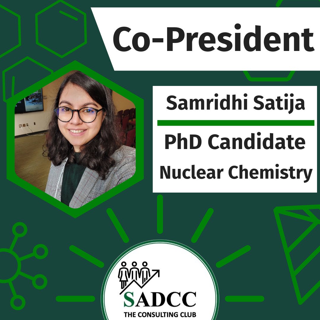 🌟Meet our Co-Founder &amp; Co-President, Samridhi Satja!
🧪Samridhi is a 5th year PhD Candidate in  Nuclear Chemistry.
📈Samridhi’s goals for the SADCC are “to create a dynamic community where aspiring consultants can develop their problem-solving skills and expand their networks.”