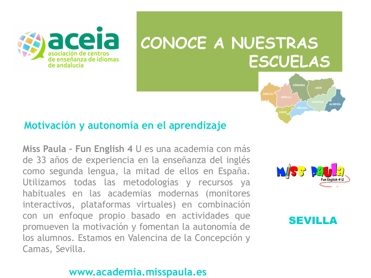 ACEIAndalucia's tweet photo. #EscuelasACEIA #Idiomaster #Sevilla

➡️Conoce a nuestras Escuelas de #Idiomas 👇👇

📲 Motivación y autonomía en el aprendizaje

🔴🔝 @MissPaula4U. Estamos en Valencina de la Concepción y Camas, Sevilla.

▶️+ INFO en https://t.co/Mm790kyQn4 https://t.co/Qa57JdCH2Y