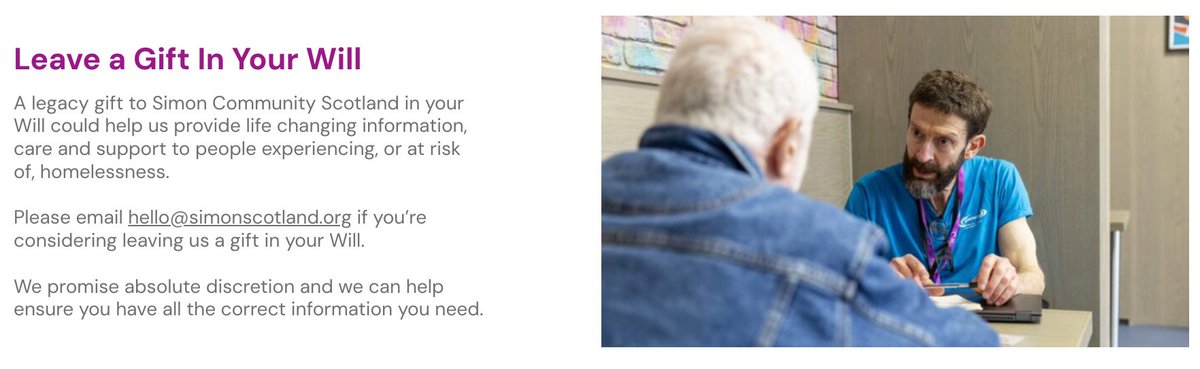 A legacy gift in your Will could help us support someone out of homelessness and into a home of their own.

Please email hello@simonscotland.org if you could consider leaving us a gift in your Will.

#RememberACharityWeek