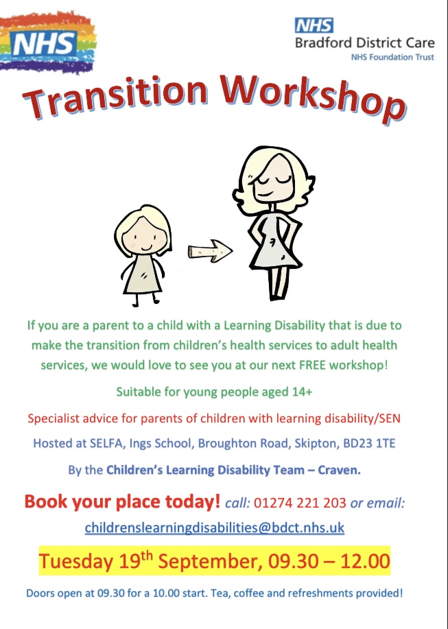 Wharfedale, Airedale and Craven Alliance (@wacayorkshire) on Twitter photo If you are a parent or guardian of a child with a Learning Disability that is due to make the transition to adult health services and would like to know more, book your place on this workshop by calling 01274 221203 or email: childrenslearningdisabilities@bdct.nhs.uk If you are a parent or guardian of a child with a Learning Disability that is due to make the transition to adult health services and would like to know more, book your place on this workshop by calling 01274 221203 or email: childrenslearningdisabilities@bdct.nhs.uk