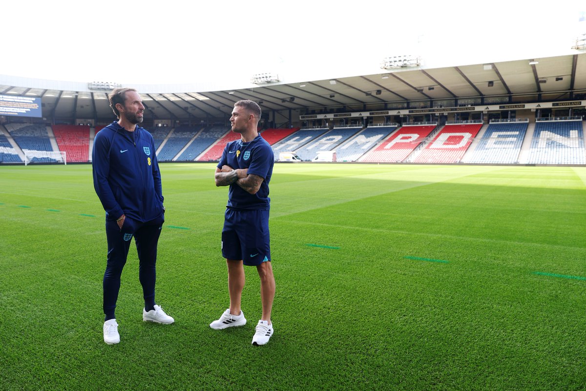 Gareth Southgate and Kieran Trippier check out the pitch and Hampden Park