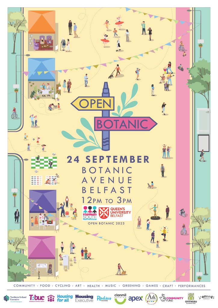 #OpenBotanic is back! Join us on Sunday 24 September to enjoy art, greening, cycling, health, music, games & more! It has been wonderful for our team to work with Sandy Row, Donegall Pass, Holyland, @friendsoffield and @AnakaCollective @ForwardSouthPB @QUBEngagement @QUBarch