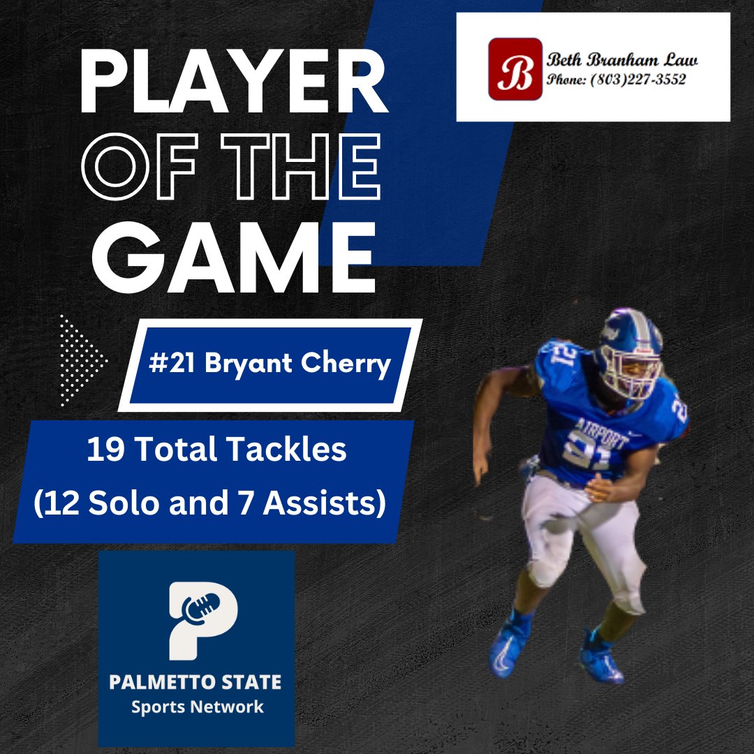 Congratulations to Our Player of the Game Bryant Cherry with 19 Tackles in the Eagles huge win over Lugoff-Elgin Friday night! @AHS_Leads @MattSchilit @CoachFidler @re_laxinsc @AHSEagleClub @AirportEaglesFB @AirportWrestle @Airport_Eagles @christinaruck15 @bradwell33