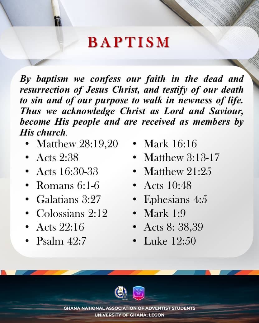 Baptism is a symbol of our union with Christ, the forgiveness of our sins, and our reception of the Holy Spirit. It is by immersion in water and is contingent on an affirmation of faith in Jesus and evidence of repentance of sin.                Let's read and share 💫💫💫