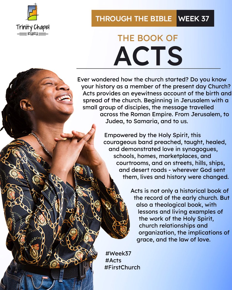 tcruiru's tweet image. The book of Acts records the birth and spread of the church and the work of the Holy Spirit. It shows the Gospel spreading to Jerusalem, Judea and Samaria, and then to the ends of the earth.
Read Acts Today
#week37
#actsoftheapostles