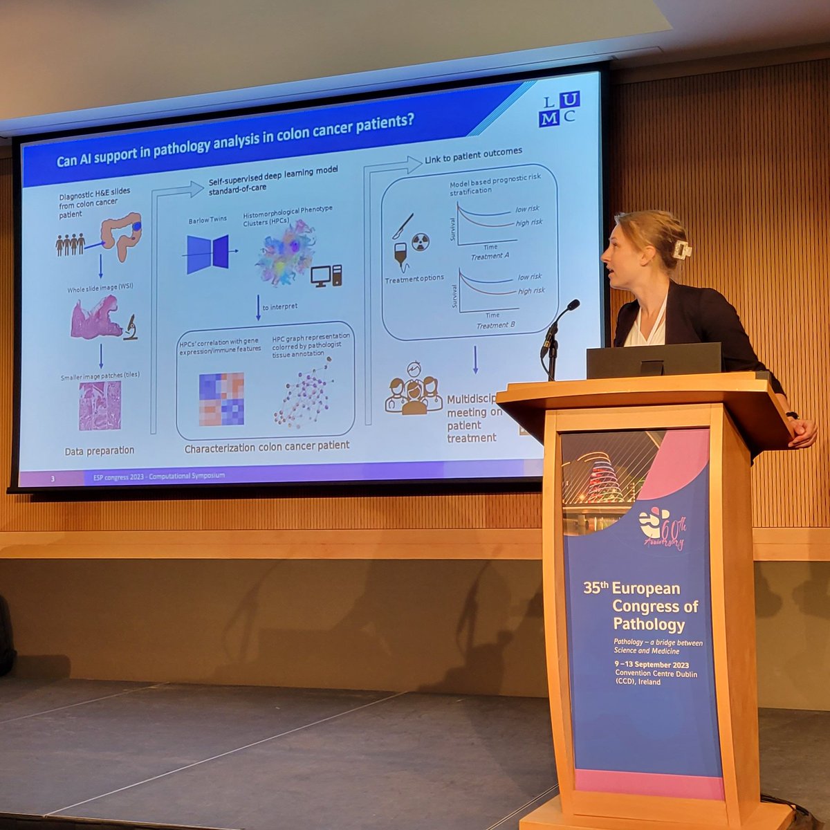 artsinyc's tweet photo. Self-supervised AI-derived histomorphologic patterns, interpreted by pathologists, and linked to molecular phenotypes and patient outcomes in #colon_cancer: presented by our collaborator @meaghan_polack at the @esp_congress in Dublin @ESP_Pathology https://t.co/aOOxVIYO2a