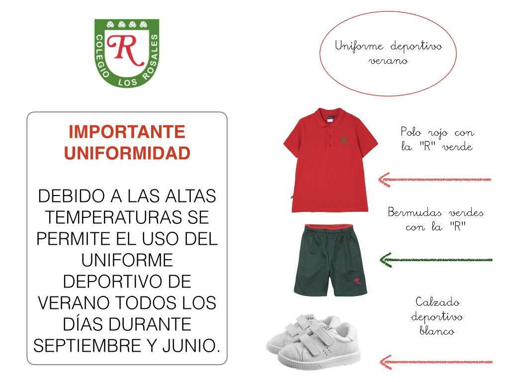Durante el mes de septiembre, debido a las altas temperaturas, recomendamos el uso del uniforme deportivo de verano todos los días. ☀️ 

📞 954999924
✉️ secretaria@colegiolosrosales.net
 
#seaprendeloquesevive