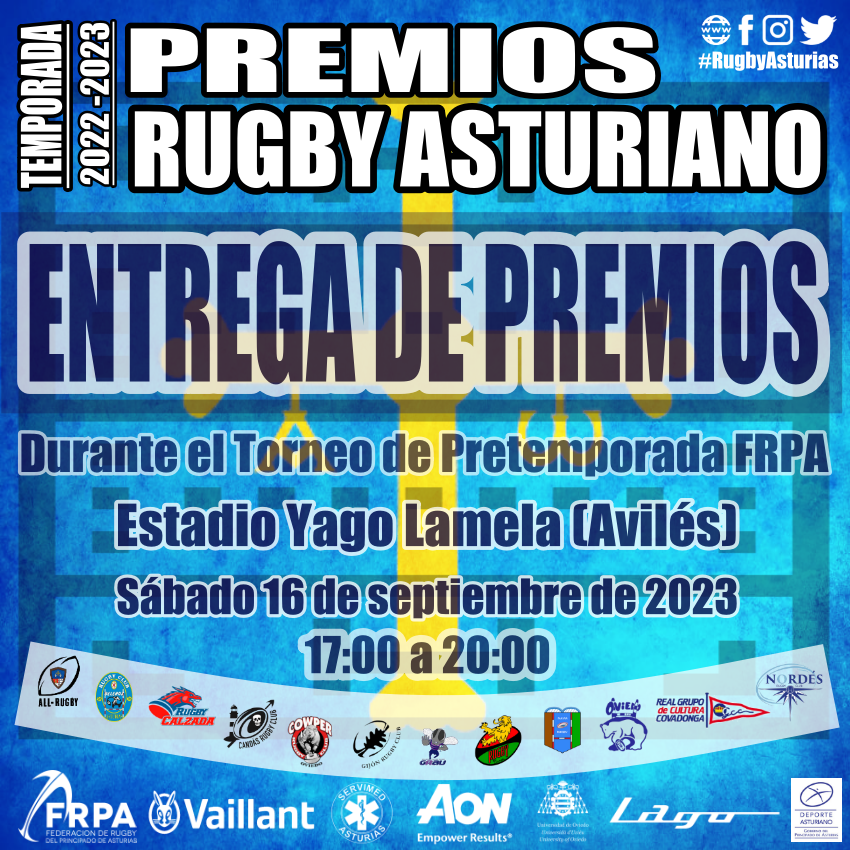 🔵🟡🚨💫🏆ENTREGA DE PREMIOS RUGBY ASTURIANO TEMPORADA 2022-2023💫 📍Estadio Yago Lamela (Avilés) 📆Sábado 16 de septiembre de 2023 🕰17:00 a 20:00 ⭐️Esperamos en Avilés a tod@s l@s premiad@s⭐️ ‼️ENHORABUENA A TOD@S L@S PREMIAD@S‼️ #RugbyAsturias #dxtasturiano @dxtasturiano