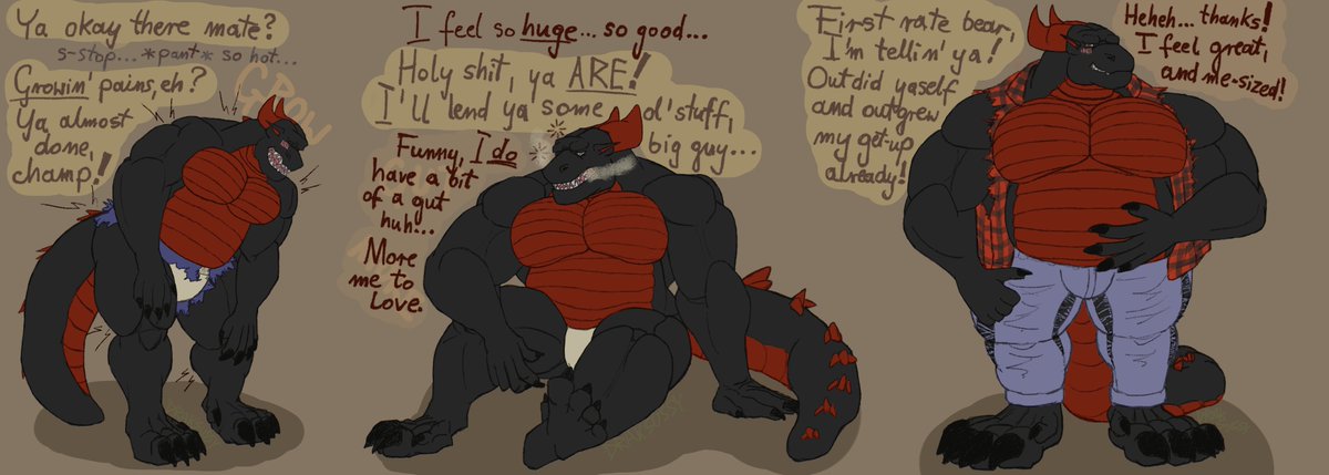 {part 2]
'felt a bit dizzy for a sec, nothin serious. dude even passed me ol clothes, what a good fella.
got nicknamed barn-ey, apparently i'm size of one haha. just some presence of mine.'
#bara #furrybara #scalie #musclefurs #dragonfurry #musclegrowth #musclebear #weightgain
