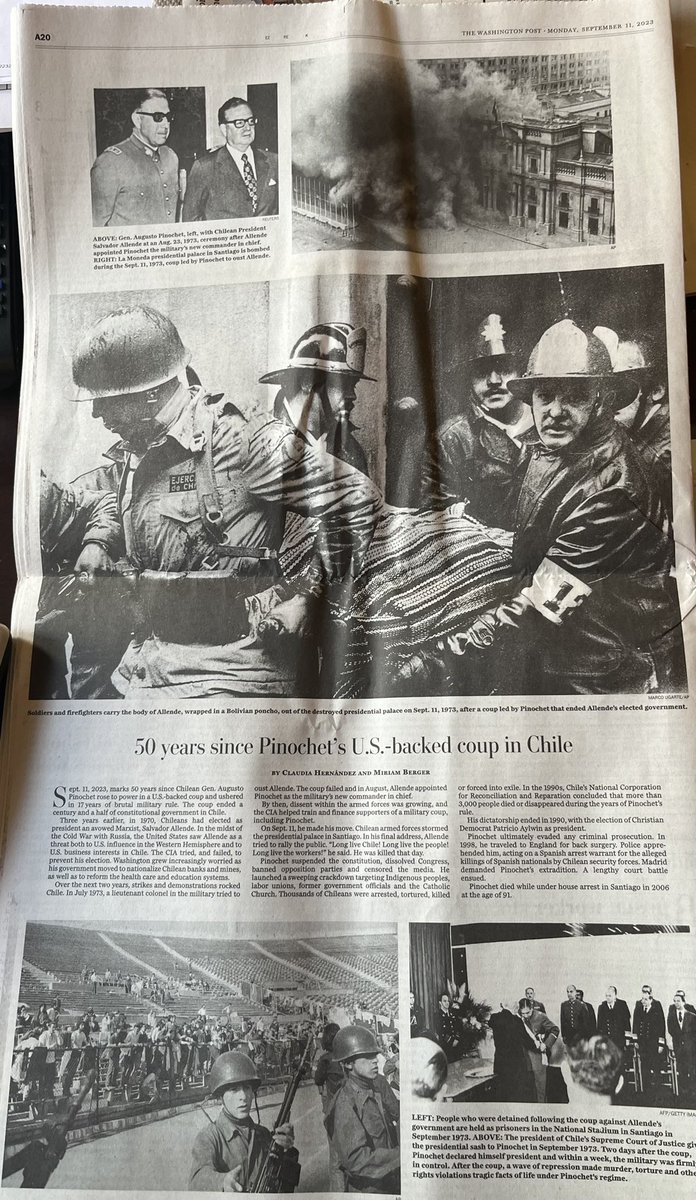 Contraportada del Washington Post hoy:
50 años del golpe de Pinochet apoyado por EEUU.