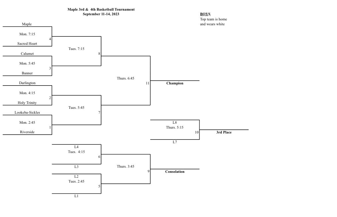 Maple Tournament Bracket for 3rd and 4th grade starting today, Sept 11th!