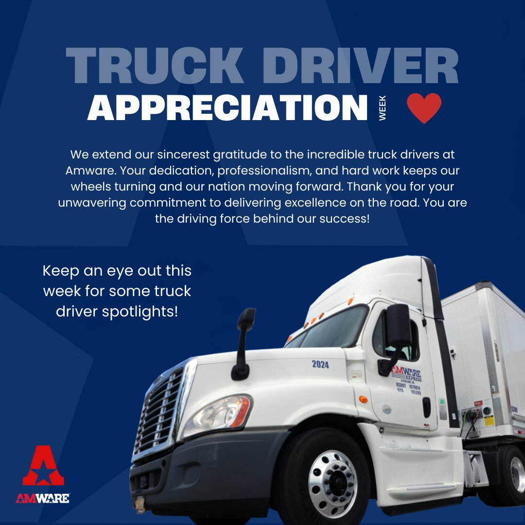 AmwareCompanies's tweet photo. This week we celebrate our truck drivers for their hard work that keeps America moving. 🚚#truckdriverappreciation #keepontrucking https://t.co/QBPCx5FnAK