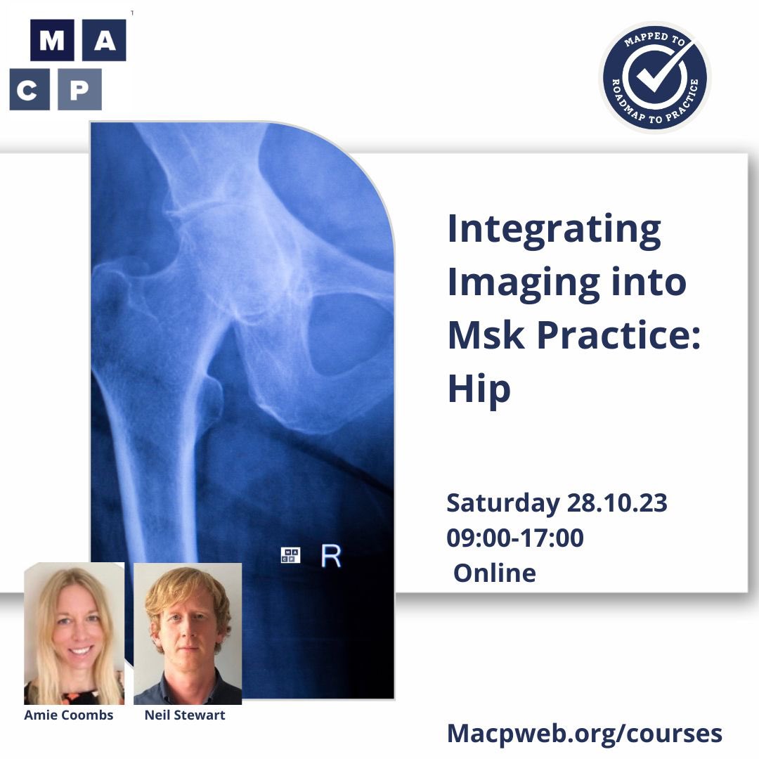 MACP (@physiomacp) on Twitter photo Do you regularly assess and treat patients with hip pain?
Would you like to improve your requesting and interpretation of hip imaging?
Then book your place on this excellent course with expert tutors <a href="/AmieCoombs2/">Amie Coombs</a> and <a href="/neilstewart101/">Neil Stewart</a>
👇🏽👇🏽👇🏽
macpweb.org/events Do you regularly assess and treat patients with hip pain?
Would you like to improve your requesting and interpretation of hip imaging?
Then book your place on this excellent course with expert tutors <a href="/AmieCoombs2/">Amie Coombs</a> and <a href="/neilstewart101/">Neil Stewart</a>
👇🏽👇🏽👇🏽
macpweb.org/events