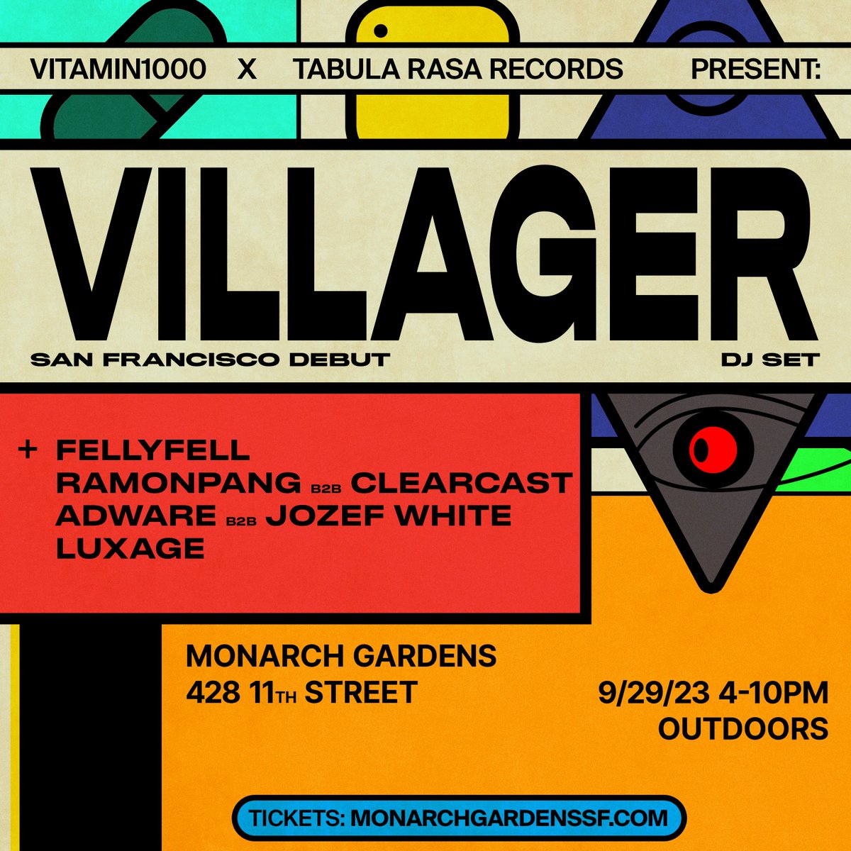TabulaRasaRcrds's tweet photo. announcing:

TABULA RASA X VITAMIN1000

VILLAGER (SF DEBUT)
DAYTIME PARTY
09.29.23

featuring residents and b2b from both crews.

come party with us into Portola weekend ⬜️

tix on sale now https://t.co/r0Gu0x2USN