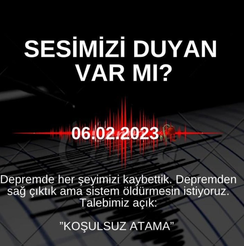 Bizler asrın felaketini iliklerimize kadar yaşadık ve hala etkisini görüyoruz. Bizlerin okullarda olması gerekiyor.
#DepremzedeÖğretmeneAtama
<a href="/RTErdogan/">Recep Tayyip Erdoğan</a>
<a href="/memetsimsek/">Mehmet Simsek</a>
<a href="/Yusuf__Tekin/">Yusuf Tekin</a>
<a href="/MehmetYalcintr/">Mehmet YALÇIN</a>
<a href="/ErbakanFatih/">Dr. Fatih Erbakan</a>
<a href="/aBayraktar1/">Alparslan Bayraktar</a>
<a href="/ademyesildal/">Adem Yeşildal.🇹🇷</a> 
<a href="/HuseyinYayman/">Hüseyin Yayman🇹🇷</a>