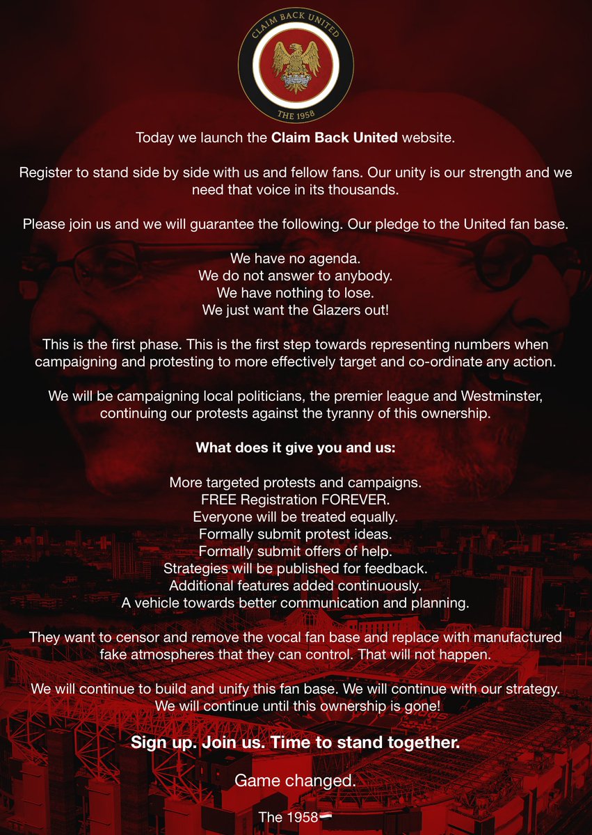 Today we launch the Claim Back United website. claimbackunited.the1958.net Register to stand side by side with us and fellow fans. Our unity is our strength & we need that voice in its thousands. Please join us and we will guarantee you one thing. Our pledge to the United fan base