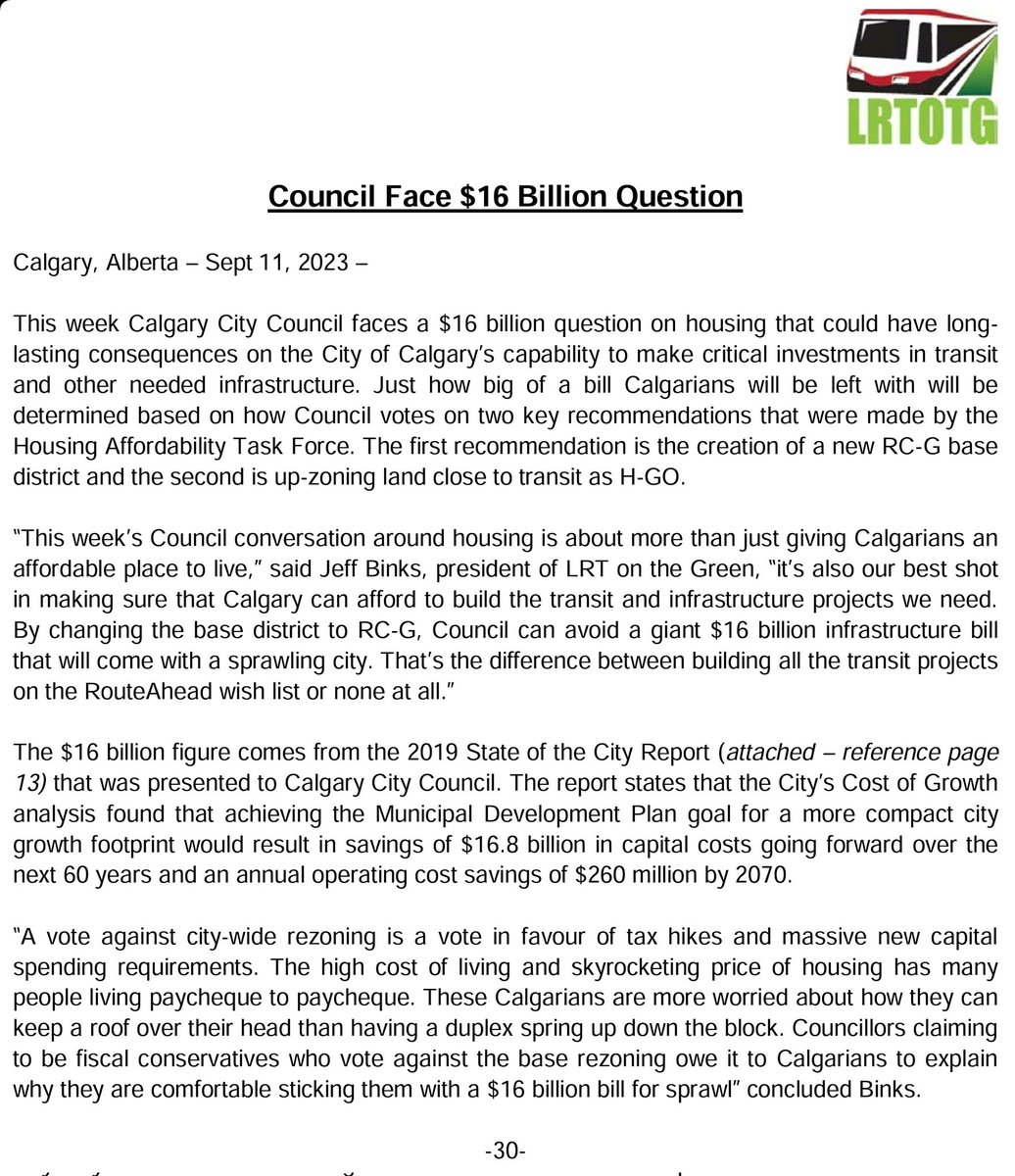 LRTontheGreen's tweet photo. Our press release from today. By changing the #yycplan base district to RC-G, #yyccc can avoid a giant $16 BILLION infrastructure bill that will come with a sprawling city. That’s the difference between building all the transit projects on the RouteAhead wish list or none at all. https://t.co/hpG2XpSRhM