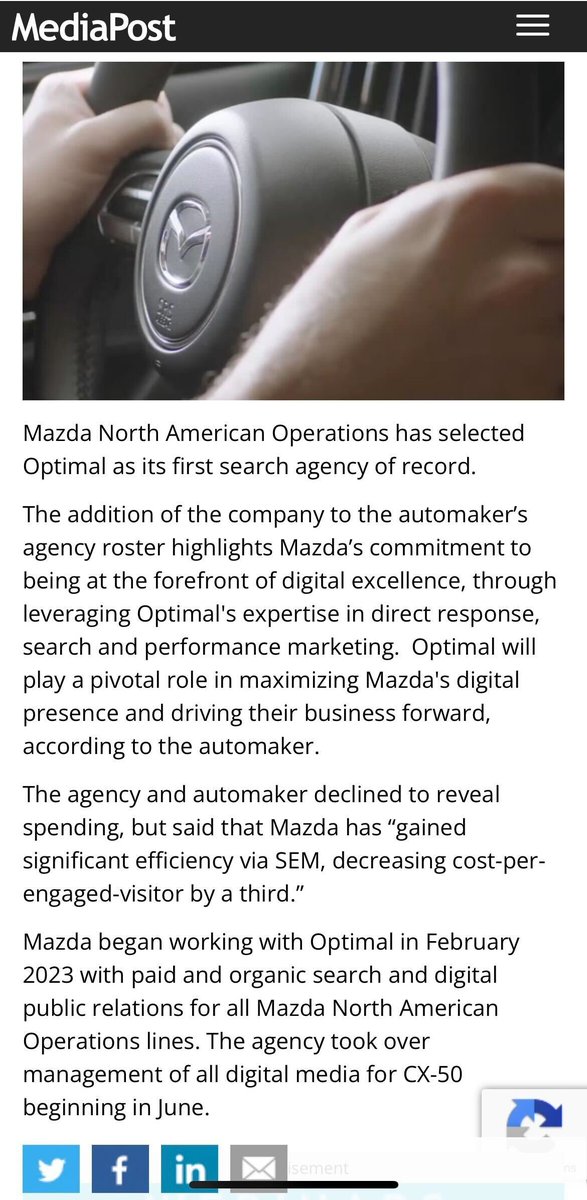 "Mazda has gained significant efficiency via SEM, decreasing cost-per-engaged-visitor by a third" since selecting Optimal as its very first search agency of record. Via <a href="/MediaPost/">MediaPost</a>'s <a href="/TanyaGazdik/">Tanya Gazdik</a> mediapost.com/publications/a…