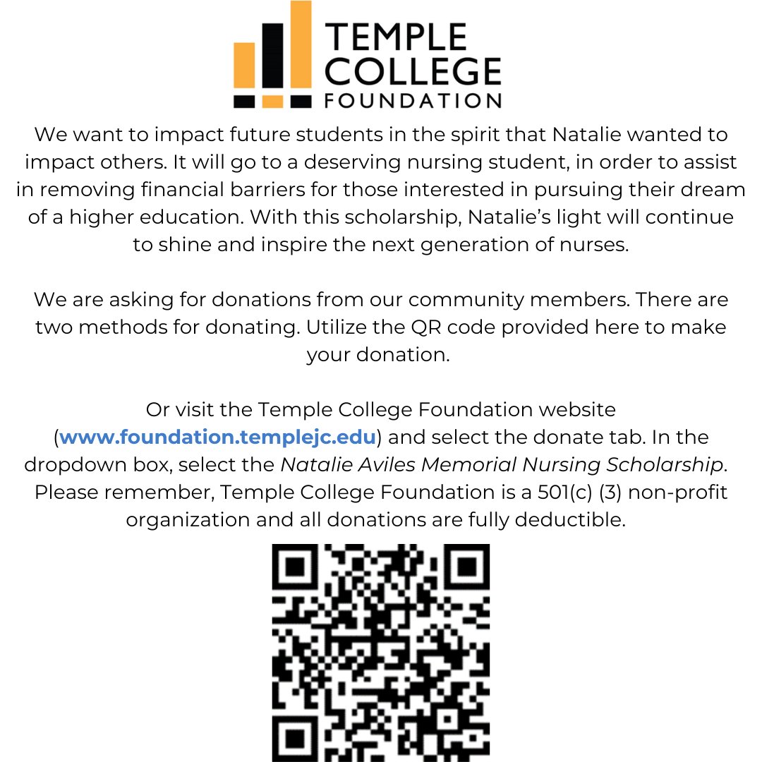 The ADN Student Org. is seeking community support to fund the Natalie Aviles Memorial Nursing Scholarship.
Natalie was a 1st sem Nursing student who was tragically killed in McGregor on 9-29-22. 
We are asking for donations from our community members. To donate see photos.