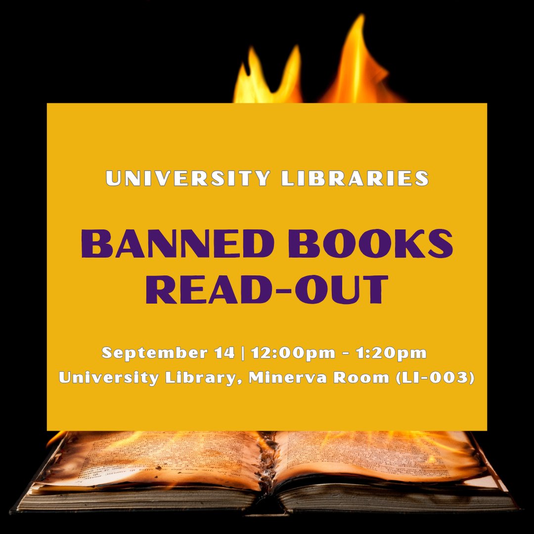 As part of this week's Freedom of Speech Symposium, join the University Libraries for a Banned Book Read-Out! September 14, 12pm - 1:20pm, University Library, Minerva Room To see a full schedule for the symposium and to register, visit the link in our bio! #UAlbany