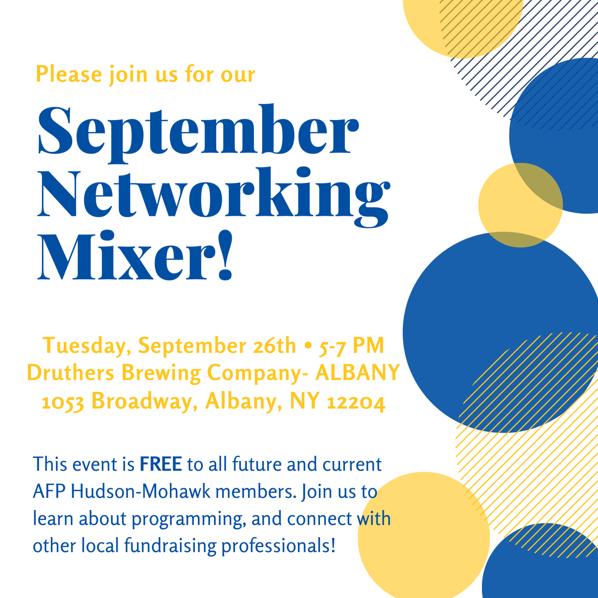 AFPHudsonMohawk's tweet photo. Please join us at our upcoming Networking Mixer on Tues, September 26th from 5-7PM at Druthers Brewing Company-ALBANY!  This free event connects local fundraising professionals and provides opportunities to learn about our programming and upcoming events! https://t.co/UkmunPmTin https://t.co/9ynpTdmYpC