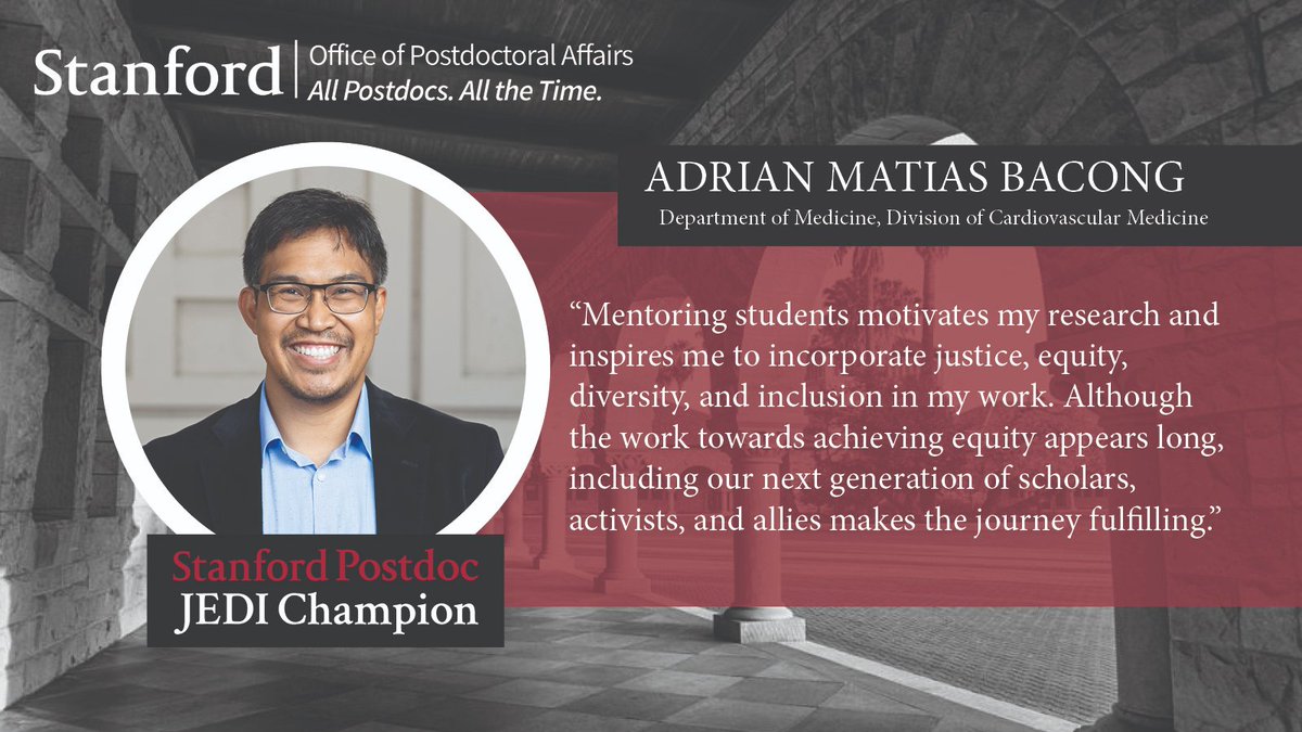 @StanfordOPA is honored to introduce @StanfordMed postdoctoral scholar, @AdrianBacong, as a member of the #PostdocJEDIChampions2023 cohort! This award recognizes his #JEDI efforts in mentoring the next generation of scholars. Learn more at: postdocs.stanford.edu/current-postdo….