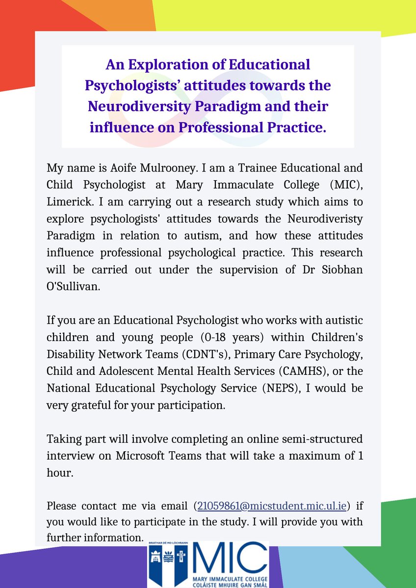 Are you an Educational Psychologist working in NEPS, CAMHS, Primary Care, or CDNT's? 🧠💫

As part of my DECPsy research, I am conducting online interviews about attitudes towards the neurodiversity paradigm.

📧 If you are interested, please email 21059861@micstudent.mic.ul.ie