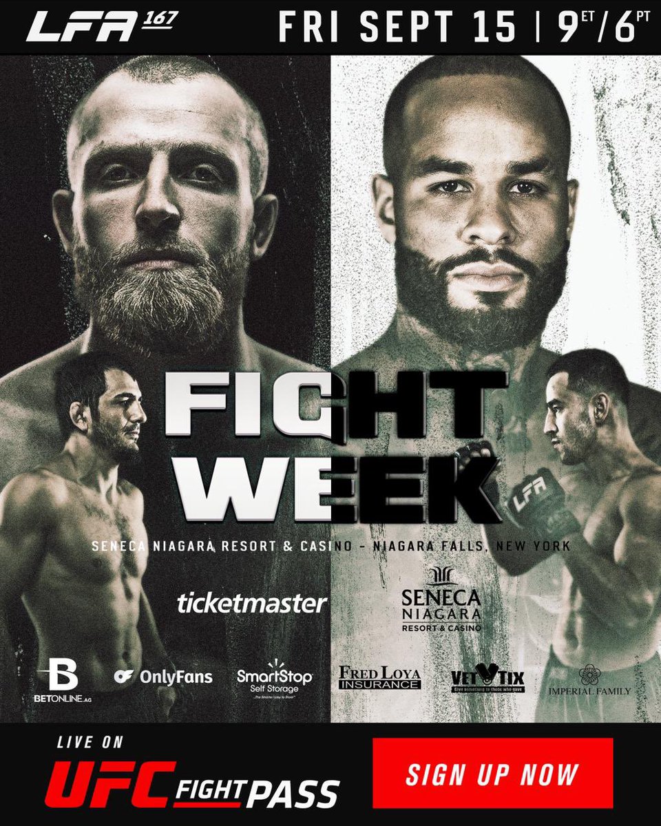 It's #FightWeek and LFA brings a pair of Welterweight Wars to #NewYork at #LFA167! 💥 @JPiersma170 🇺🇸 vs. @The517Prodigy 🇺🇸 + Magomedov 🇷🇺 vs. Mashrapov 🇺🇿 Friday, Sept. 15 @SenecaCasinos #NiagaraFalls, #NewYork 🎫: bit.ly/LFA167_TIX #MMA #LFANation @UFCFightPass