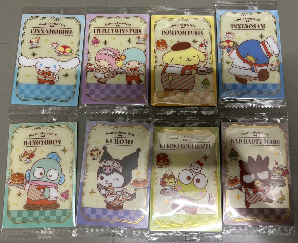 m_cat109's tweet photo. サンリオキャラクターズ ウエハース4弾

求）ポチャッコ

譲）画像参照1~3
集合A、マイメロディ、シナモロール、ポムポムプリン、タキシードサム、ハンギョドン、クロミ、けろけろけろっぴ、ばつ丸くん

交換する際の基準4枚目参照。
まとめて交換していただける方優先で取引したいです。 https://t.co/nUn7HkvaWW