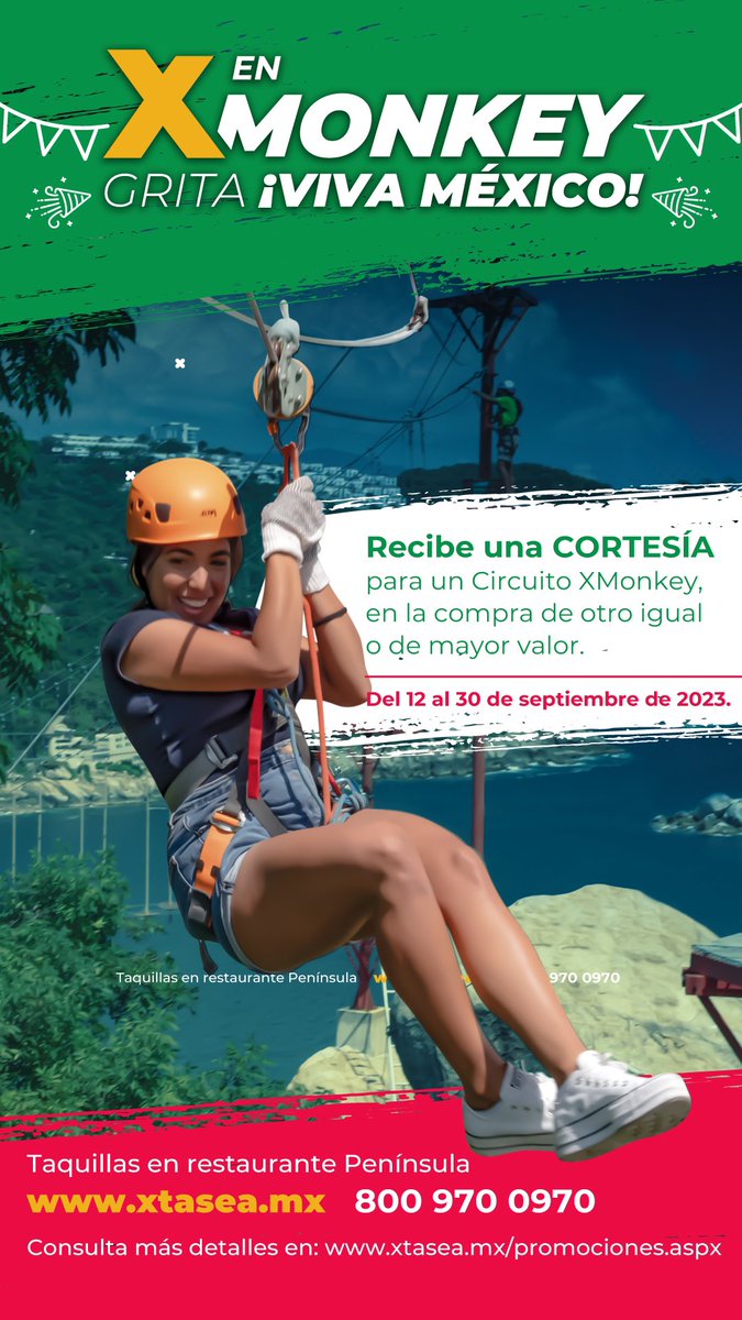 ¡En #Xmonkey grita Viva México! 🇲🇽 🔔 

Llévate un circuito en cortesía en la compra de otro de igual o mayor valor.

Aprovecha esta súper promo hasta el 30 de Septiembre 😎

Promoción válida hasta el 30 de Septiembre en taquillas y sitio web. 🎫
