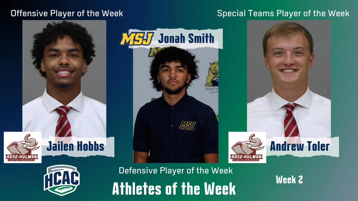 Heartland Collegiate Athletic Conference (@hcacdiii) on Twitter photo HCAC Football | Athletes of the Week
Congrats to the Football Athletes of the Week!
Offensive: Jailen Hobbs, @RHTSports
Defensive: Jonah Smith, <a href="/MSJ_Lions/">Mount St. Joseph University Athletics</a>
Special Teams: Andrew Toler, @RHITSports
#TheHeartofD3
Full Release: bit.ly/3PysMaR HCAC Football | Athletes of the Week
Congrats to the Football Athletes of the Week!
Offensive: Jailen Hobbs, @RHTSports
Defensive: Jonah Smith, <a href="/MSJ_Lions/">Mount St. Joseph University Athletics</a>
Special Teams: Andrew Toler, @RHITSports
#TheHeartofD3
Full Release: bit.ly/3PysMaR