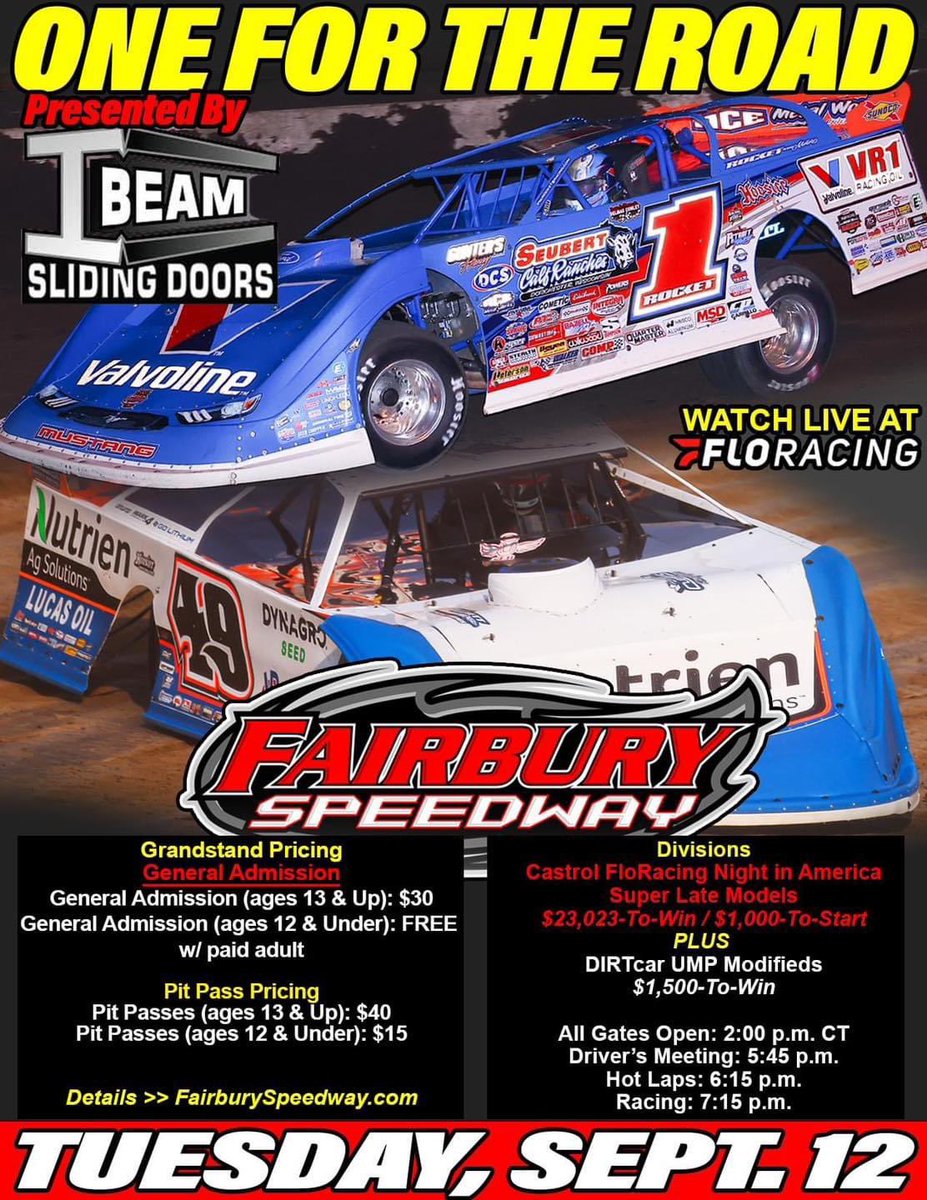 We are going to slide one more race in before we head over to Knoxville. Tuesday we will be racing with the Castrol Floracing Night in America Super Late Models at the Fairbury-American Legion Speedway! Can’t make it to the track, catch every lap live on FloRacing.