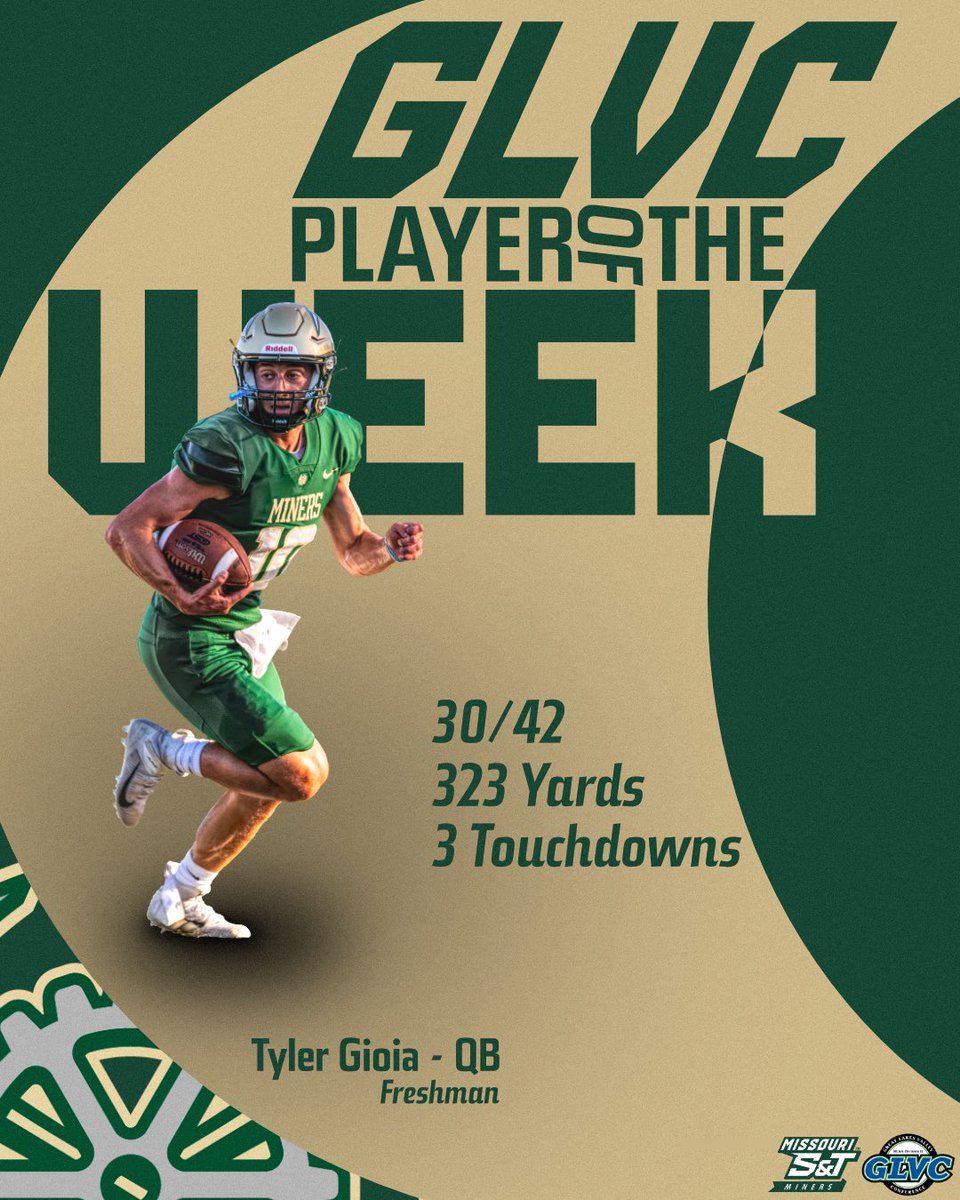 Tyler Gioia is the week 2 offensive GLVC player of the week ⛏️

#PickAxeTakeNames | #MinerPride