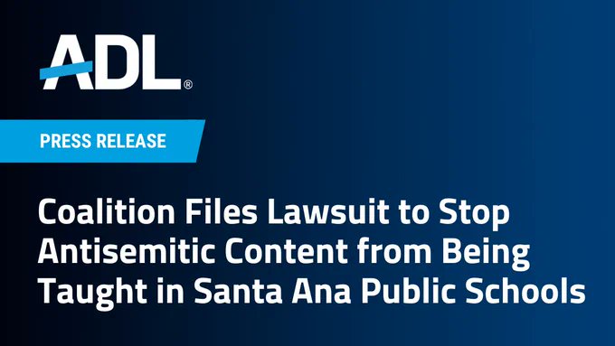 ADL California (@adlcalifornia) on Twitter photo As part of a coalition including <a href="/brandeiscenter/">The Brandeis Center</a>, <a href="/AJCGlobal/">American Jewish Committee</a> and <a href="/PotomacLawGroup/">Potomac Law Group</a>, and supported by <a href="/StandWithUs/">StandWithUs</a>, we filed a lawsuit against the Santa Ana school district in Orange County to stop antisemitic content from being taught in schools. Read more: adl.org/resources/pres… As part of a coalition including <a href="/brandeiscenter/">The Brandeis Center</a>, <a href="/AJCGlobal/">American Jewish Committee</a> and <a href="/PotomacLawGroup/">Potomac Law Group</a>, and supported by <a href="/StandWithUs/">StandWithUs</a>, we filed a lawsuit against the Santa Ana school district in Orange County to stop antisemitic content from being taught in schools. Read more: adl.org/resources/pres…