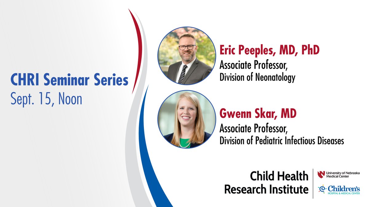 Join us this Friday for our Seminar Series. Dr. Peeples will be presenting on developing and utilizing data registries for neonatal encephalopathy; Dr. Skar will talk on neuronal transcriptome changes induced by S. epidermidis CNS catheter infection. unmc.edu/chri/news/semi…