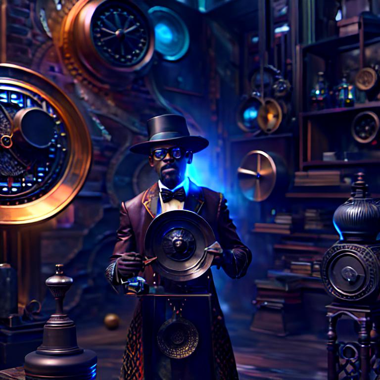Background image of a mysterious workshop with old books, clocks, and steampunk-style gadgets] 'Unlock the secrets of time with Professor Anderson. Are you ready for the adventure? #TimeTravelAdventure #DiscoverTheUnknown #JourneyOfKnowledge